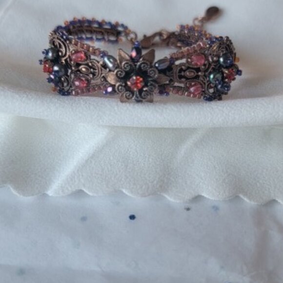 SATELLITE PARIS VINTAGE HIGHLY DETAILED CUFF COPPER BRACELET W/CRYSTALS & PEARLS - Picture 7 of 9